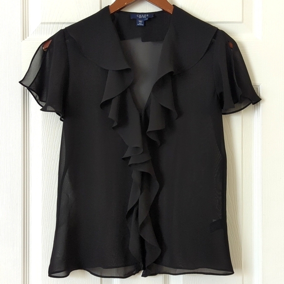 Chaps Dainty Sheer Chiffon Ruffled V-neck Flutter Sleeve Button Down Top Black 4 - Picture 1 of 10